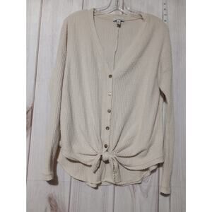 Allison Joy Sweater Womens‎ Medium Beige Button Up Tie Front Waffle Knit Top USA